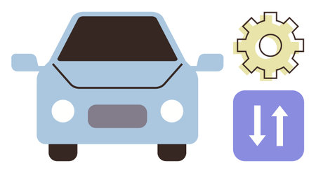 Minimalistic car front, gear mechanism, data arrows symbolizing vehicle automation, innovation, and connectivity. Ideal for mobility, automotive technology, data transfer, automation AI digitalのイラスト素材