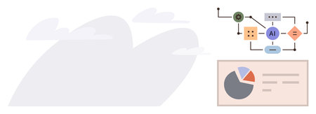 Flowchart with AI central node, connected shapes showing workflows, and pie chart representing data metrics. Ideal for technology, automation, data analysis, project management, research, businessのイラスト素材