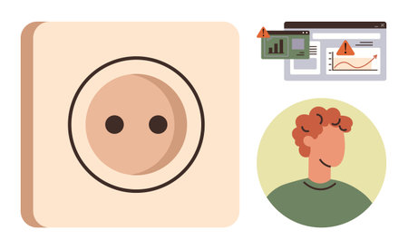 Electrical socket, data dashboards with caution indicators, and a human avatar highlight risk alerts, analytics, energy monitoring, system status, safety, technology and awareness. Simple flatのイラスト素材