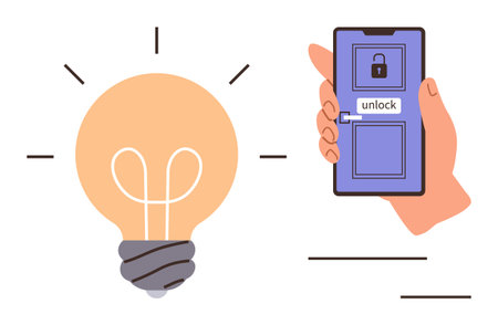 Glowing lightbulb with hand holding smartphone displaying door unlock feature. Ideal for technology, innovation, security, smart home, ideas, creativity, accessibility. Simple flat metaphorのイラスト素材