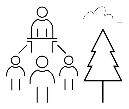 Three figures connected to a leader figure via lines next to a tree and cloud. Ideal for teamwork, leadership, nature, sustainability, hierarchy, organization, simple flat metaphorのイラスト素材