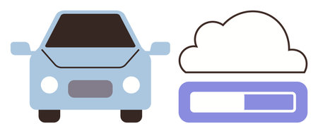 Blue car paired with a cloud icon displaying a progress bar. Ideal for smart transportation, cloud storage, digital data, vehicle connectivity, automation, IoT, tech innovation. Simple flat metaphorのイラスト素材