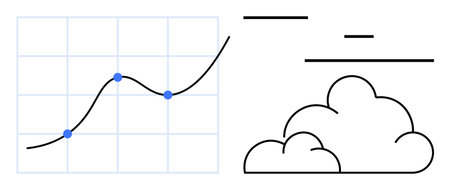 Line graph with data points on a grid next to cloud icons and horizontal lines. Ideal for analytics, data trends, technology, forecasting, progress tracking, decision-making, simple landing pageのイラスト素材