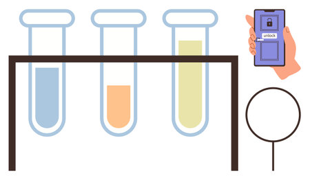 Hand holding smartphone with biometric authentication, alongside test tubes with colorful liquids and a magnifying glass. Ideal for technology, research, security, innovation, science, dataのイラスト素材