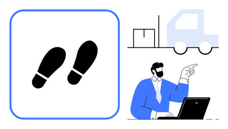 Footsteps icon with a manager at a laptop pointing at a delivery truck. Ideal for logistics, monitoring, delivery, workflow, productivity, management, coordination. Simple flat metaphorのイラスト素材