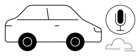 Simplistic car design paired with a microphone icon and cloud, symbolizing voice command, AI integration, and cloud connectivity. Ideal for IoT, AI concepts, automation, connectivity, innovationのイラスト素材