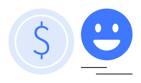 Dollar symbol within a coin next to a smiling blue face representing financial positivity and satisfaction. Ideal for finance, savings, banking, happiness, economy, business success, simple landingのイラスト素材