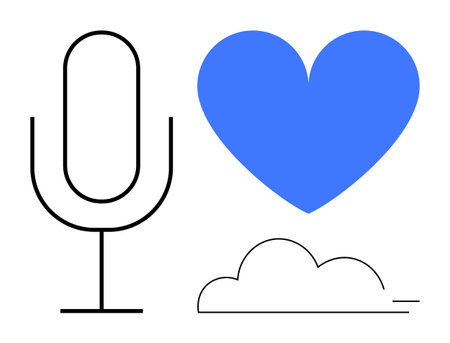 Minimalistic microphone, blue heart, thin-outlined cloud. Ideal for communication, podcast, audio, self-expression, creativity technology and wellness. Perfect for a simple landing pageのイラスト素材