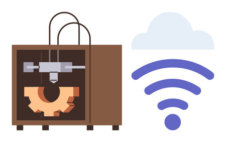 3D printer creating gear object beside cloud and wireless signal icon, symbolizing internet-based...