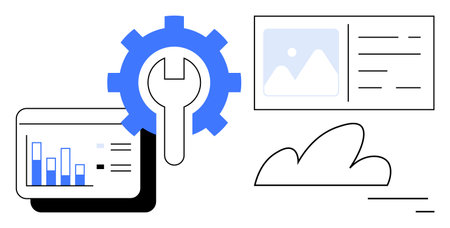 Gear and wrench, bar chart panel, cloud icon, and media panel. Ideal for technology, analytics,...