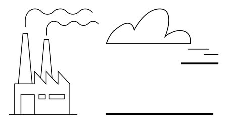 Factory structure with twin smokestacks releasing fumes, large cloud, minimalist background. Ideal for industry, environment, pollution, manufacturing, climate change, urbanization simple flatのイラスト素材