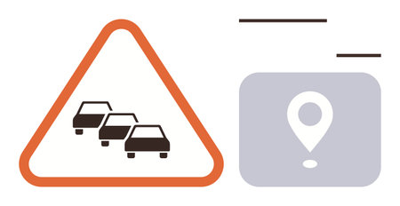 Cars represent congestion in a triangular warning sign next to a navigation icon. Ideal for traffic management, safety, navigation, route optimization, city planning, travel alerts, simple flatのイラスト素材