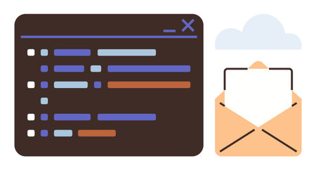 Coding interface window with colorful lines, open envelope containing a paper sheet under cloud. Ideal for email system, communication, notification, data transfer, technology, cloud integrationのイラスト素材