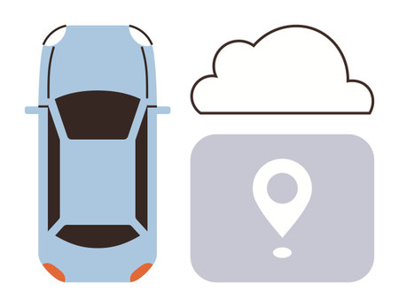 Blue car top view beside cloud and location pin marker symbolizing GPS navigation, cloud storage, mobility, road safety, connected devices, travel planning, and data sharing. Ideal for simple flatのイラスト素材