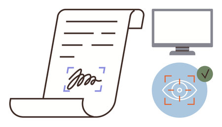 Signed document with e-signature, monitor representing digital review, and biometric eye scanning. Ideal for security, authentication, technology, digital contracts, e-governance, privacyのイラスト素材