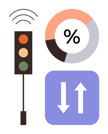 Traffic light with signals, percentage pie chart, and two-way arrows in purple block. Ideal for data analysis, communication, traffic systems, reporting, efficiency, decision-making simple flatのイラスト素材
