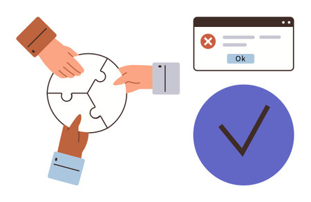 Three hands assembling puzzle pieces, error message window with Ok button, blue checkmark in circle. Ideal for teamwork, problem-solving, collaboration, troubleshooting, completion, success simpleのイラスト素材