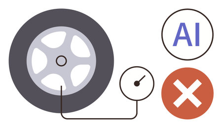Car wheel connected to pressure gauge with AI marking and warning X symbol. Ideal for automotive repair, preventive maintenance, safety alerts, diagnostics, road safety, monitoring, simple flatのイラスト素材