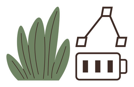 Grass leaf cluster beside abstract battery graphic with digital nodes bridging energy and nature. Ideal for sustainability, ecology, renewable energy, environment, growth, technology, simple flatのイラスト素材