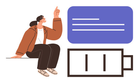 Woman seated, pointing upward, blue speech bubble, low battery icon suggest mental energy or creativity. Ideal for productivity, motivation, awareness, energy focus brainstorming wellness. Simpleのイラスト素材