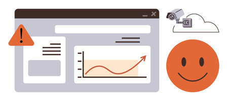 Browser window with analytics graph, error alert, security camera with cloud storage, and smiling face. Ideal for cybersecurity, data analytics, user experience, monitoring, digital platformsのイラスト素材