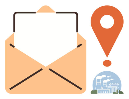 Open envelope with white paper, orange location pin, and factory with chimneys emitting smoke. Ideal for communication, logistics, correspondence, mail services, notifications, industrial reportsのイラスト素材