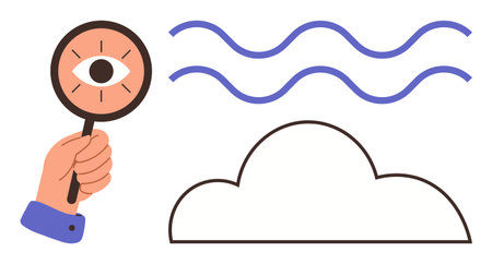 Eye in magnifying glass over cloud with wavy lines, concept of observation, focus, data analysis. Ideal for technology, clarity, research, innovation vision creativity cloud computing. Simple flatのイラスト素材