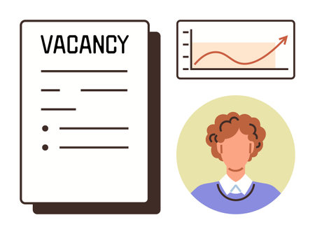 Vacancy paper with bullet points, candidate profile in a circular frame, and upward growth chart. Ideal for recruitment, career, business analysis, HR strategies, job market, hiring simple flatのイラスト素材
