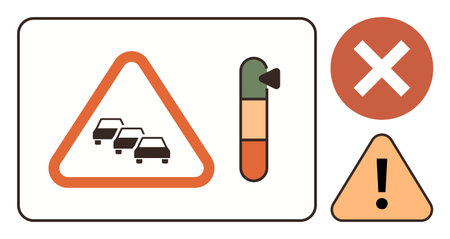 Triangular warning sign with cars, congestion meter with alert levels, cross symbol, and exclamation point triangle. Ideal for safety, caution, alerts, transportation, risk management trafficのイラスト素材
