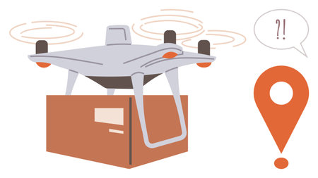 Flying drone carrying a box accompanied by location pin and speech bubble, suggesting delivery confusion. Ideal for logistics, innovation, e-commerce, technology, delivery services, customer supportのイラスト素材