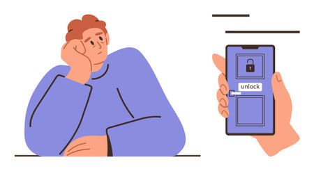 A pensive person resting their head on a hand while another hand holds a smartphone with an unlock screen. Ideal for technology, security, emotions, problem-solving, focus, decision-makingのイラスト素材
