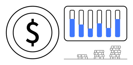 Dollar sign in a circle, bar chart with blue fill levels, and stacks of coins. Ideal for investment,...