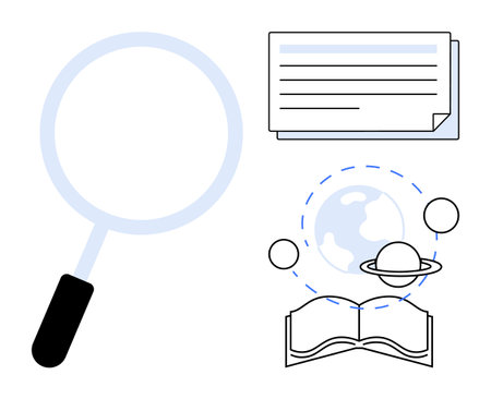 Magnifying glass, book, planetary system, and documents highlight research, education, learning, global exploration, curiosity scientific study analysis. Ideal for academic innovativeのイラスト素材