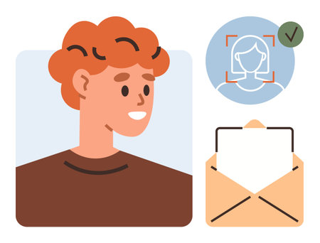 Person with facial recognition scan approval, checkmark for verification, and envelope for secure communication. Ideal for online identity, security, authentication, privacy, technology, networkingのイラスト素材