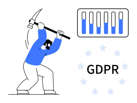 Man wielding pickaxe mining data bar graph, with GDPR text and stars. Ideal for data security, regulation, privacy, compliance, data management, legal frameworks, simple landing pageのイラスト素材