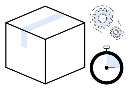 Cardboard box, stopwatch, rotating gears. Ideal for logistics, shipping, efficiency, deadlines, productivity automation supply chain. Clean and simple flat metaphorのイラスト素材
