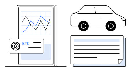 Mobile app with cryptocurrency graph and BTC label, car symbolizing assets, documents implying transactions. Ideal for blockchain, finance, trading, investment, lending, ownership digital economyのイラスト素材