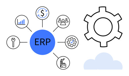 ERP system core connecting finance, analytics, tools, customer management, and performance in cloud. Ideal for business planning, data, teamwork, optimization automation cloud tech simple landingのイラスト素材