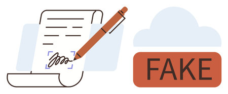 Pen signing document, fake detection alert with cloud icon. Ideal for authentication, validation, forgery prevention, digital security, legal compliance, fraud detection, data integrity simple flatのイラスト素材