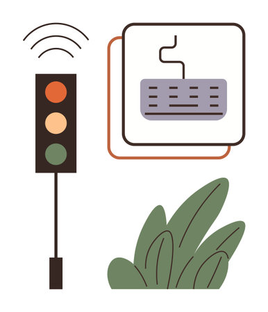 Traffic light with wireless signal, keyboard icon, and abstract green plants. Ideal for technology, communication, automation, smart interface, eco-design connectivity and innovation. Simple flatのイラスト素材