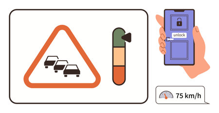 Hand unlocking car controls via mobile, screen showing options alongside traffic warning sign, fuel level, and speed alert. Ideal for tech, safety, innovation, automation, convenience mobilityのイラスト素材