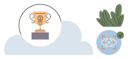 Golden trophy on pedestal symbolizing achievement, surrounded by abstract cloud, greenery, and a focus icon. Ideal for success, goal setting, recognition, leadership, motivation vision strategyのイラスト素材