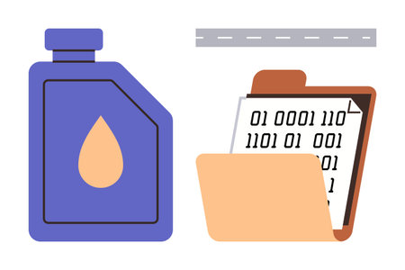 Fuel bottle with drop design and open folder with binary code near road. Ideal for technology, data storage, logistics, fuel industry, programming, energy, transportation. Simple flat metaphorのイラスト素材