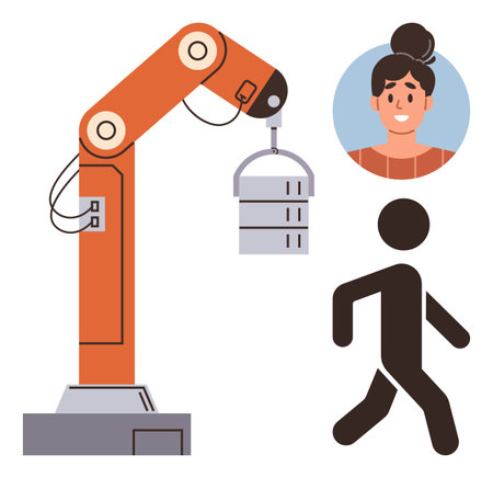 Robotic arm lifting an object, silhouette of a walking figure, and female profile portrait. Ideal for innovation, automation, teamwork, industry, AI future workforce diversity. Simple flat metaphorのイラスト素材
