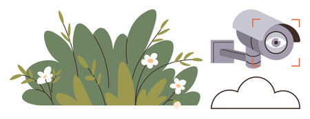 Security camera focusing near bushes with flowers and a cloud. Ideal for surveillance, monitoring, security concepts, privacy, protection, modern technology, outdoor safety. A simple flat metaphorのイラスト素材