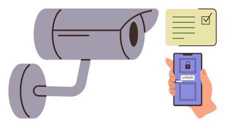 Security camera, a hand holding mobile phone with unlock feature, checklist for security measures. Ideal for security, surveillance, technology, home safety, remote access, privacy simple flatのイラスト素材