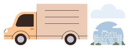 Delivery truck heading towards a shopping mall with geometric design. Ideal for logistics, transportation, business, consumer goods, shopping, retail economy, and urban development. Simple flatのイラスト素材
