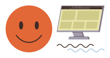 Smiling orange emotion face beside rectangular web browser mockup with sections and wavy lines. Ideal for usability, positivity, web navigation, design concepts, user experience, simplicityのイラスト素材