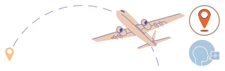 Airplane flying along a dashed route with map pins and communication icon. Ideal for travel, navigation, communication, aviation, global connectivity, logistics, technology, flat simple metaphorのイラスト素材