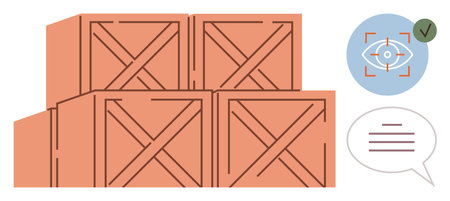 Stack of wooden crates, target icon with checkmark, and speech bubble. Ideal for warehouse management, supply chain, shipping, inventory control, delivery, business strategy simple flat metaphorのイラスト素材